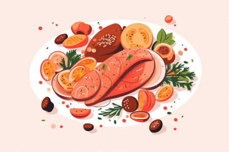 Sliced pork meat with vegetables on a plate. Vector illustrationの素材
