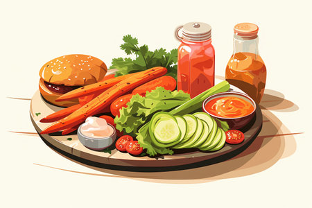Vegetarian food background with fresh vegetables and hamburger. Vector illustration.の素材