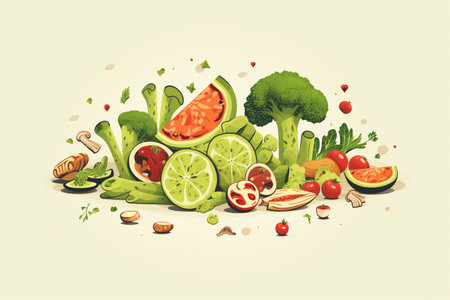 Healthy food background with vegetables and fruits. Vector illustration in retro style.の素材