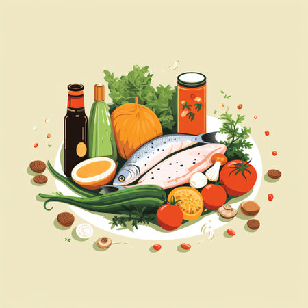 Illustration of fresh fish, vegetables and spices on white background.の素材