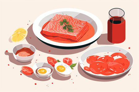 Sliced raw beef with ingredients for cooking. Vector illustration.の素材