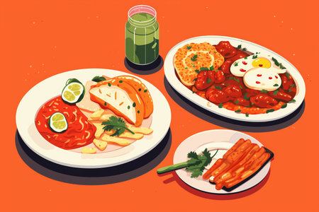 Illustration of a set of fried chicken, fried eggs, vegetables and saucesの素材
