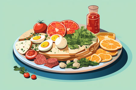 Illustration of a healthy breakfast with bread, eggs, sausage, tomatoes, mozzarella and fresh herbsの素材