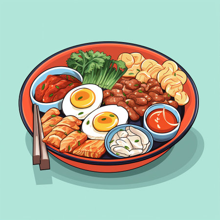 Bowl of asian noodle soup. Vector illustration of chinese food.の素材