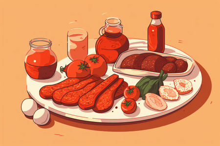 Illustration of a plate with sausages and tomato juice.の素材