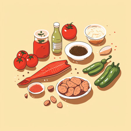 Seafood and ingredients. Vector illustration in a flat style.の素材