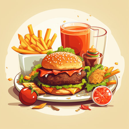 Hamburger with french fries and tomato juice. Vector illustration.の素材