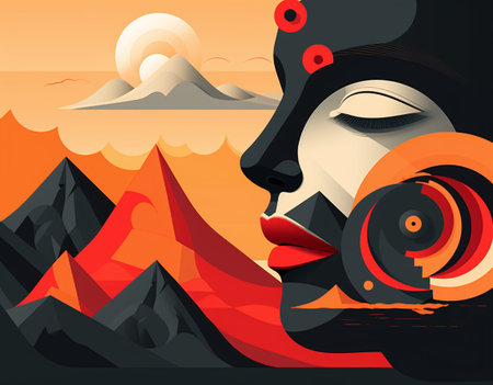 Vector illustration of a portrait of a woman on a background of mountainsの素材