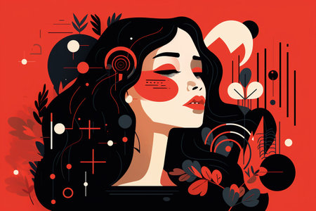 Beautiful girl with red lips and floral elements. Vector illustration.の素材