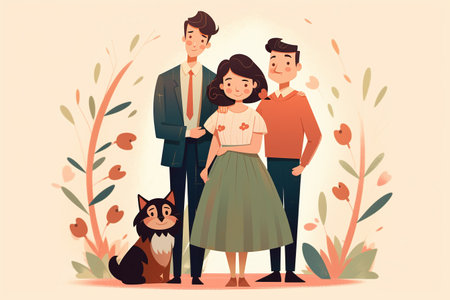 Happy family with dog. Father, mother and children. Flat vector illustration.の素材