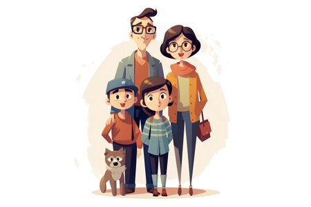 Happy family of three people. Parents with children and cat. Vector illustrationの素材
