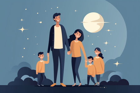 Happy family with kids. Father, mother and children on the background of the full moon. Vector illustrationの素材