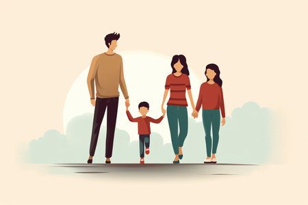 Family with children walking in the park. Vector illustration in flat styleの素材