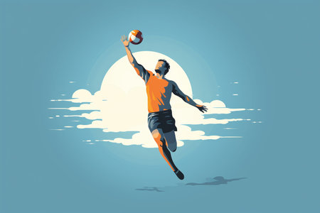Vector illustration of a basketball player jumping with ball on the sky backgroundの素材