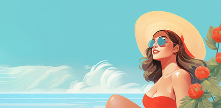 Beautiful girl in a hat on the beach. Vector illustration.の素材