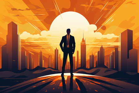 Businessman standing on the road and looking at the city. Vector illustrationの素材