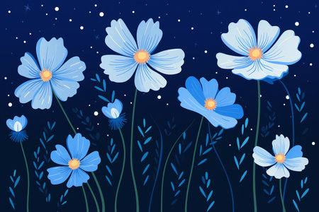 Blue cosmos flowers on dark blue background. Floral vector illustration.の素材