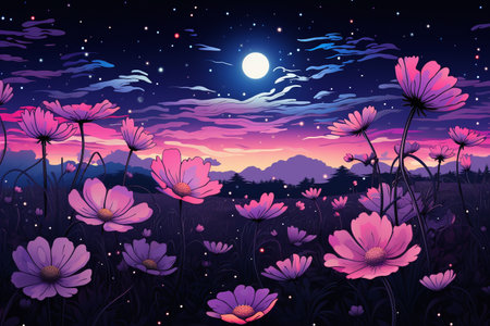 Night landscape with cosmos flowers, full moon and stars. Vector illustration.の素材