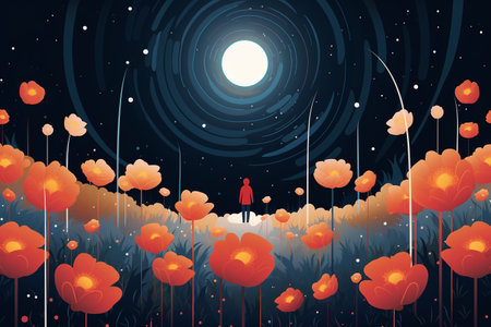 Night landscape with red poppies and full moon. Vector illustration.の素材