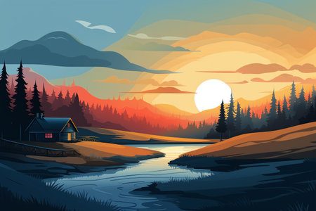 Beautiful landscape with lake, forest and house at sunset. Vector illustrationの素材