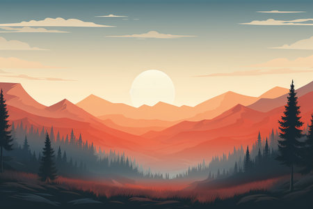 Beautiful landscape with mountains and forest at sunset. Vector illustration.の素材