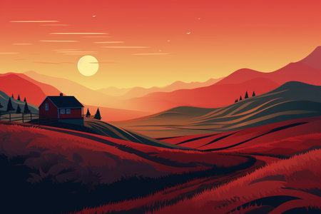 Vector illustration of a rural landscape with a farm house at sunset.の素材