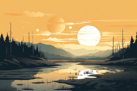 Landscape with lake, forest and mountains at sunset. Vector illustration.の素材