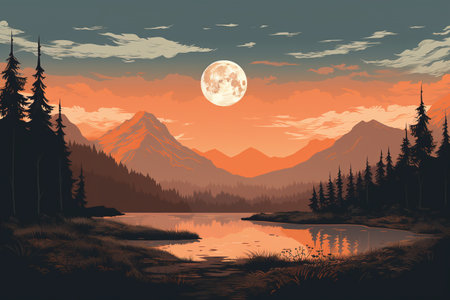Mountain landscape with lake and forest at sunset. Vector illustration.の素材