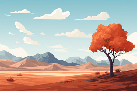 Autumn landscape with a lonely tree and mountains. Vector illustration.の素材