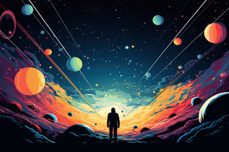 Man standing on the planet and looking to the universe. Vector illustrationの素材