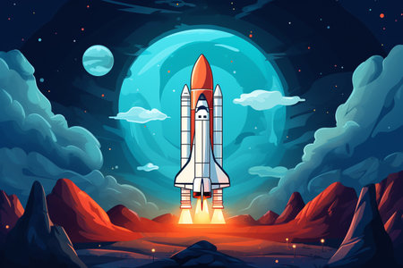Space rocket flying in the night sky. Cartoon vector illustration of space travel concept.の素材