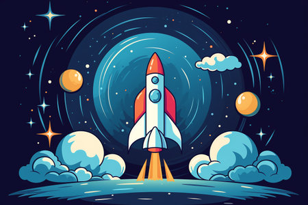 Space rocket flying in outer space. Cartoon vector illustration. Starry sky background.の素材