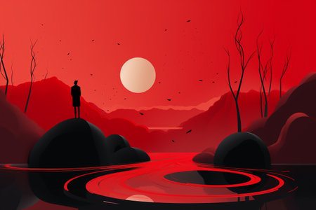 Illustration of a man standing at the edge of a lake with a red backgroundの素材