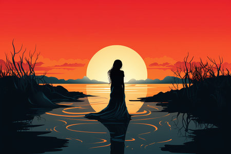 Silhouette of a beautiful woman on the lake at sunset.の素材