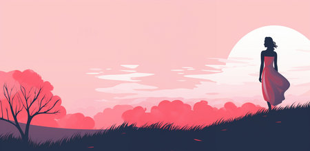 Vector illustration of a girl in a red dress walking on the meadowの素材