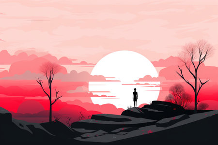Silhouette of a man standing on the hill, vector illustrationの素材