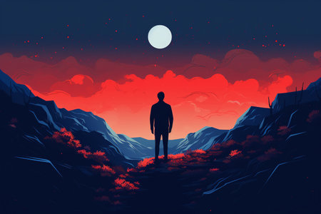 Man in the mountains at sunset. Vector illustration in a flat style.の素材