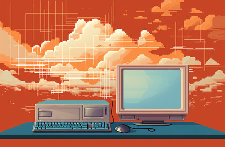 computer desktop with mouse and cloud computing in the background vector illustration designの素材