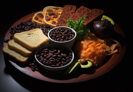 Healthy breakfast with coffee beans, bread and vegetables on black backgroundの素材