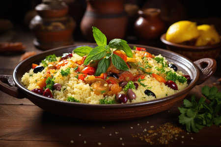 Couscous with vegetables and olives, food closeupの素材