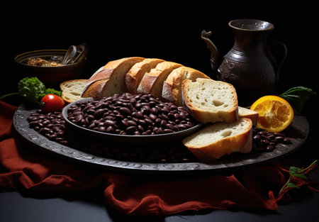 Composition with red beans, bread and spices on a black backgroundの素材