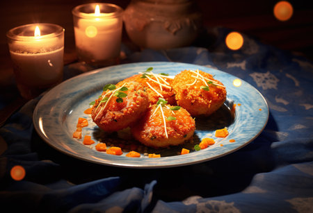 Potato croquettes on a blue plate on a dark backgroundの素材