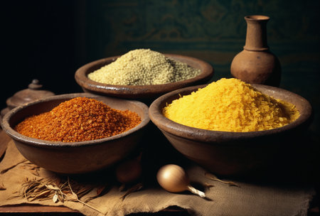 Colorful spices in bowls on a dark background. selective focus.の素材