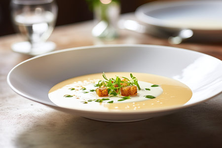 Creamy creamy soup with croutons and herbs on a plateの素材
