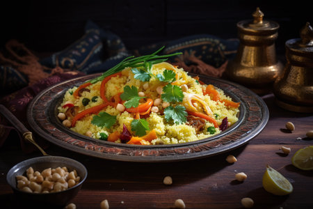 Couscous with chickpeas and parsley on wooden backgroundの素材