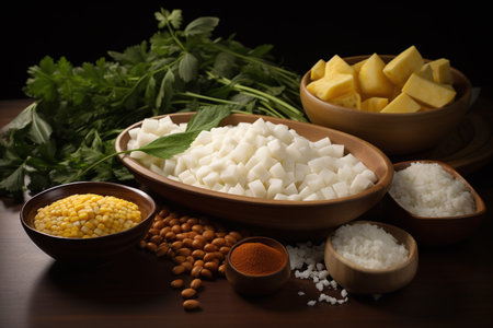 Ingredients for cooking mozzarella cheese on a wooden background. selective focus.の素材