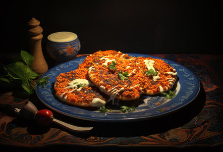 Pancakes with red lentils and mozzarella on a blue plateの素材