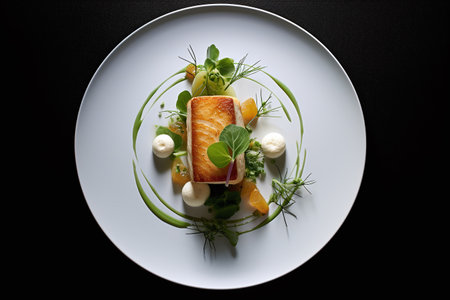 Salmon fillet with vegetables and mozzarella on a white plateの素材