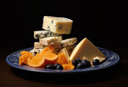 Cheese platter with different types of cheese on a dark backgroundの素材