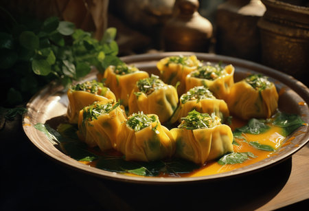 Steamed dumplings stuffed with vegetables and greens in a plate.の素材